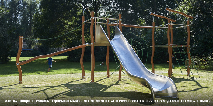 Medera Playground equipment made of stainless steel with powder coated curved frame / Legs that emulate timber